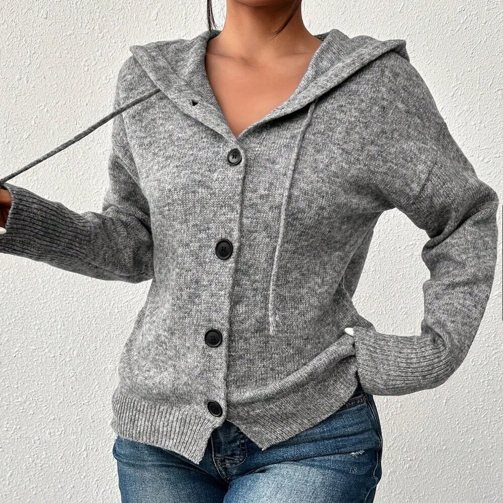 Grey Casual Women's Hooded Knitted Cardigan with Buttons and Drawstring